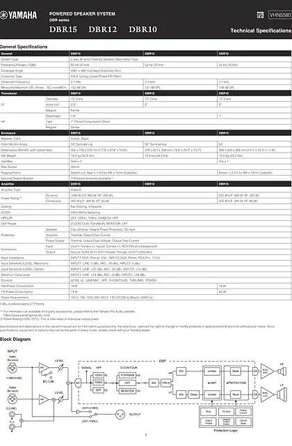 yamaha雅马哈DBR15_DBR12_DBR10 Technical Specifications